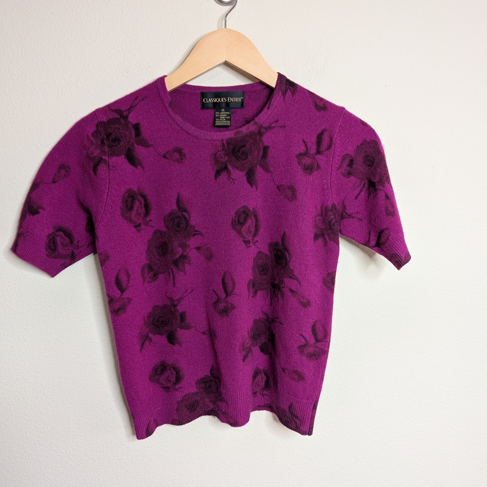 Classiques‎ Entier Angora Blend Sweater XS Purple Floral Short Sleeve Knit